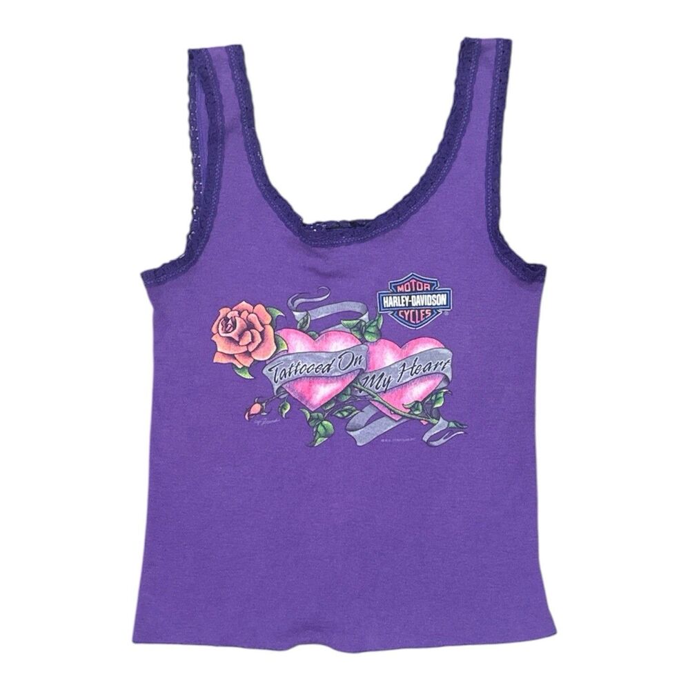 Vintage Harley Davidson 3D Tank Top Lace Trim Purple USA Size M 80s 90s Tattoo